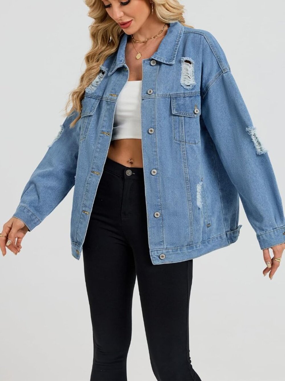 〽️Women's Blue Light Wash Oversized Distressed Denim Boyfriend Fit Jean Jacket - Picture 5 of 6